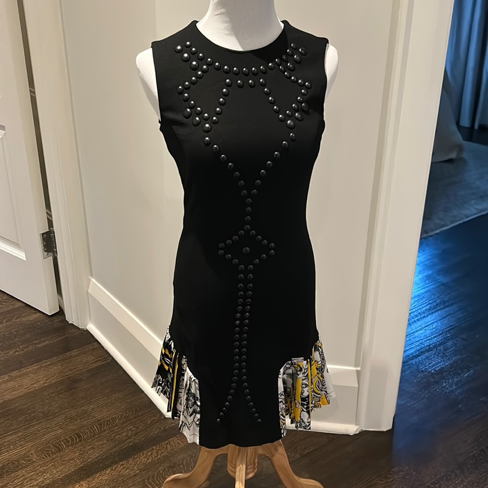 Elegant Designer Black Dress with Studded Detailing and Printed Hem Italy made